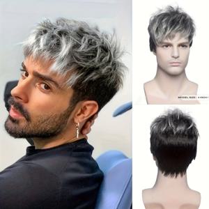 TEMU 남성용 숏 가발 내열성 인조 가발, 푹신함, 사실적이고 자연스러운 헤드기어 가발