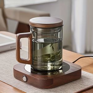 TEMU 두꺼운 나무 손잡이 티 아트 유리 세트 - 투명한 분리 디자인의 고품질 붕규산 유리 티컵, 가정/사무실/선물용으로 적합, 재사용 가능 및 식기세척기 사용 가능