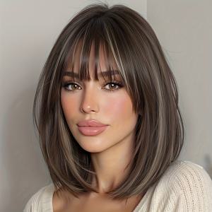 TEMU 12인치 플래티넘 하이라이트가 있는 패셔너블한 다크 커피색 에어 앞머리 밥컷 쇄골 길이 여성용 숏 내열성 인조머리 가발, 로즈 네트 캡 포함, 직장, 학교, 일상 출퇴근, 파티, 할로윈 등에 적합