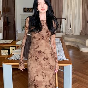 TEMU 레트로 홍콩 스타일 슬림핏 롱 드레스, 순수하고 섹시한 3D 플로럴 패턴, 빈티지 허리가 조이는 피쉬테일 스커트, 2026