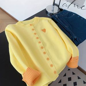 TEMU 프렌치 스타일 우아한 옐로우와 오렌지 대비 컬러 핏컷 하트 라운드넥 패브릭 가디건, 봄과 가을 캐주얼 스트리트 출근룩에 적합