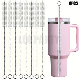 TEMU 빨대용 초장타입 청소 브러쉬 세트 (8개 스테인리스 스틸 손잡이 브러쉬 포함), 유리컵, 빨대컵, 물병 및 튜브에 적합 (흰색)