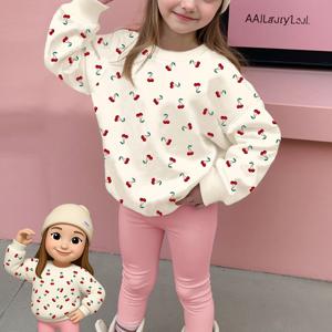 TEMU 여름/겨울 여아용 투피스 캐주얼 패션 세트. 크림색 긴팔 체크무늬 스웨트셔츠와 핑크 레깅스가 함께 어우러져, 귀여운 스타일을 연출합니다. 야외 활동에 적합합니다.