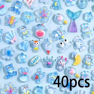 TEMU 2D 플랫 - 40/60개 블루 슬라임 참 모음 귀여운 젤리 장식 대량, 플랫백 레진 장식 곰돌이 카와이 슬라임 액세서리, 공예 스크랩북 헤어 클립 장식용, 스크랩북 용품, 카와이 장식, 플랫백 참