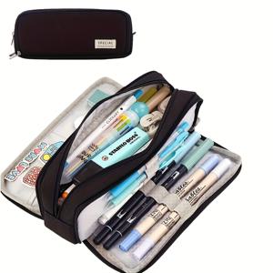 TEMU [필통] 우아한 디자인 대용량 연필 파우치 - 3단 넓은 수납공간이 있는 다기능 옥스포드 천 수납 케이스, 학생 사무실용 내구성 있는 책상 정리함, 명절 선물 필수품