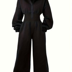 TEMU 여성 패션 캐주얼 점프수트, 솔리드 컬러 후드 루즈 지퍼 허리 스웨트셔츠 점프수트, 편안한 와이드 레그 다용도 데일리 커뮤트 스트리트웨어 하이웨이스트 점프수트, 와일드니스