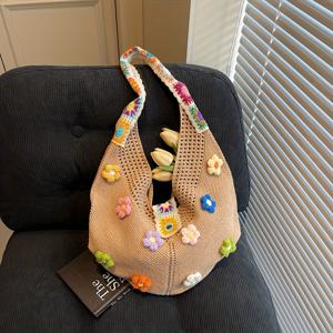 TEMU 새 여성용 토트백 대용량 숄더 니트 가방 패션 꽃 토트백 소형 프레쉬 핸드메이드 코바늘 뜨개질 가방 여성