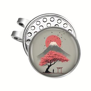 TEMU 남성용 일본 벚꽃 & 후지산 자석 골프 모자 클립 - 벚꽃 나무 & 후지산 디자인의 일본 스타일 볼 마커 액세서리