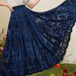 TEMU 우아한 다크 레이스 메시 미디 스커트, 하이 웨이스트 및 플레어 A라인 디자인, 매력적인 드레이프 및 플리츠 우산 스타일