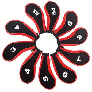 TEMU 레드 & 블랙 색상의 메시 지퍼 롱 골프 아이언 헤드커버 10개입. 클럽 긁힘 방지용으로 디자인되었으며, 골프 코스에서 사용하기 좋고 선물용으로도 좋습니다.