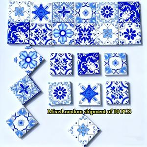TEMU 10개 혼합 빈티지 블루 앤 화이트 시리즈 수제 핸드페인팅 만다라 패턴 유리 타일, 4.8*4.8cm 융합 유리 소재, 정교한 패턴. 랜덤 혼합 배송, 다양한 컬러풀 디자인. DIY 수공예 제작, 정원 야외 벽 퍼즐 장식, 아트 장식 소재, DIY 공예 재료에 적합