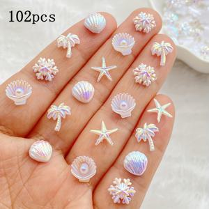 TEMU 52/102개 혼합 귀여운 미니 흰색 바다성게, 조개, 크리스마스 눈꽃 | 네일 라인스톤용 평평한 바닥 - 네일 장식 액세서리, 크리스마스 공예 장식, 레진 재질로 완벽