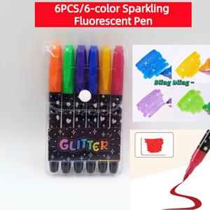 TEMU 6개 반짝이는 형광 색상 마커 | PVC 케이스, 중간 팁, 수성 잉크 (드로잉, 페인팅, 마킹, 채색, 다양한 표면에 쓰기용)