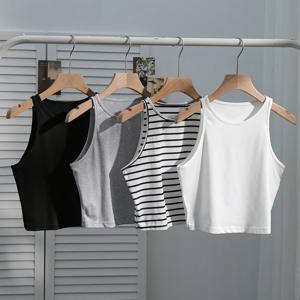 TEMU 여성용 캐주얼 우아한 라운드넥 고탄력 베이직 탱크탑 세트 4pcs