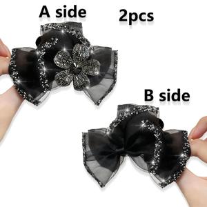 TEMU 새로운 반짝이는 라인스톤 메시 리본 아크릴 헤어 클립 2개, 스타일리시하고 고급스러운 여성용 라인스톤 꽃 레이스 리본 헤어 장식, 중간 크기 미끄럼 방지 상어 클립, 일상 및 축제 행사에 적합, 여성용 헤어 장식품