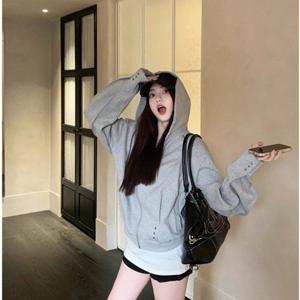 TEMU 디자인 리벳 후드 긴팔 스웨터 여성용 스위트 앤 쿨 슬리밍 탑