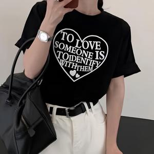 TEMU 2025년 여름 여성용 흰색 면 반팔 티셔츠, 새로운 미국 레트로 루즈 캐주얼 패션 레터 프린트 반팔