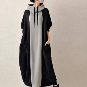 TEMU 2025 신상 하이넥 루즈 컬러 블록 드로스트링 드레스