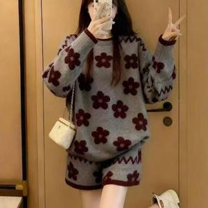 TEMU 여름/가을용 게으른 스타일 아프리코트 니트 여성용 세트, 플라워 탑과 바지 풀세트, 투피스 세트