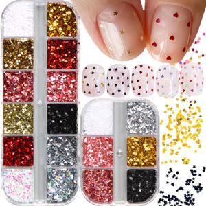 TEMU 네일 글리터 스팽글 2박스 세트. 하트 모양 글리터 플레이크와 미니 별 모양 사랑의 하트 글리터 스팽글이 특징이며, 발렌타인데이를 위한 네일 장식을 향상시키기에 완벽합니다.