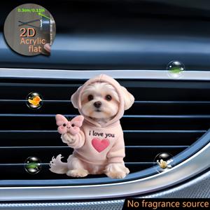 TEMU 2D 플랫 1개 말티즈 강아지 패턴, 나비 인형을 한 손으로 잡고 핑크색 스웨트셔츠를 입고 있는 장식, 2D 플랫 아크릴 차량 에어 아웃렛 장식, 차량용 방향제, 트렌디한 아크릴 차량 장식, 트렌디한 차량 내부 장식, 가벼운 디자인