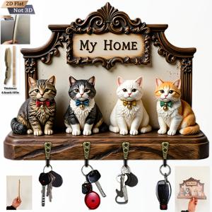 TEMU 2D 평면, 1개, 고양이 테마 나무 벽시계 다기능 키홀더 포함, 네 개의 금속 후크, 벽 장식, 현관 장식, 방 장식, 빌라 장식, 사계절 홈 데코 (11.8