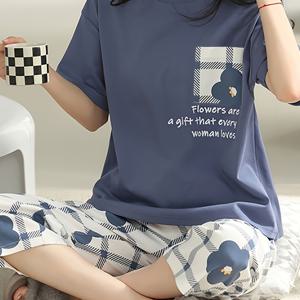 TEMU 여성용 루즈핏 라운드넥 티셔츠와 프린트 7부 바지 세트, 편안한 홈웨어룩