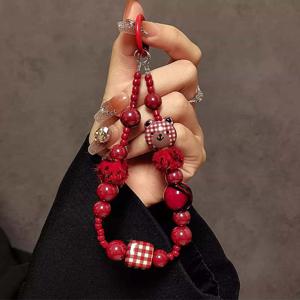 TEMU 빨간 체크 무늬 곰돌이 비즈 팔찌, 휴대용 체인, 짧은 손목 스트랩, 휴대폰 케이스, 자동차 키체인, 가방 펜던트