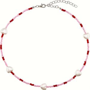 TEMU 사랑스러운 하트 모양 비즈 목걸이, 쌀알 비즈와 조개껍데기로 젊은 분위기를 연출하는 완벽한 휴가룩