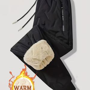 TEMU 남성용 헤비듀티 보온 조거 팬츠 - 지퍼 포켓, 논스트레치 원단, 블랙 운동복, 겨울철 러닝 및 하이킹용, 손세탁 가능, 캐주얼 스타일, 조절 가능한 드로우스트링 허리밴드