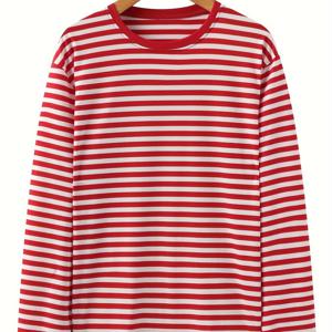 TEMU 남성용 캐주얼 긴팔 라운드넥 티셔츠 - 가로줄무늬 단색, 봄/가을 레이어드용, 사무실부터 주말까지 착용 가능 - 편안한 스트레치 원단