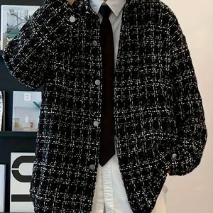 TEMU 홍콩 트렌드 스타일의 넉넉한 핑크 체크 블랙 재킷 (봄/가을용), 캐주얼 칼라 셔츠 디자인