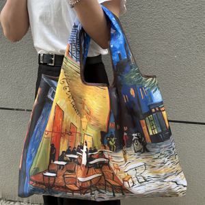 TEMU 대용량 휴대용 쇼핑백, 가볍고 접이식, 유화 스타일 토트백, 싱글 숄더 핸드백