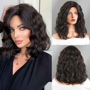 TEMU 여성용 다크 브라운 웨이브 중간 기장 가발, 정mai 가르마, 합성 어깨 길이 부드럽고 자연스러운 외관의 내열성 섬유 헤어 가발, 데일리용, 16인치