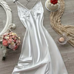 TEMU 가을/겨울 V넥 레이스 트림 캐미솔 맥시 나이트가운