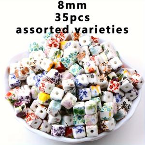 TEMU 35개 대형 구멍 세라믹 사각 비즈 - 레트로 꽃무늬 DIY 액세서리 제작용, 팔찌, 목걸이, 귀걸이, 펜던트 핸드메이드 비즈 - 공예용 비즈 & 어플리케 비즈