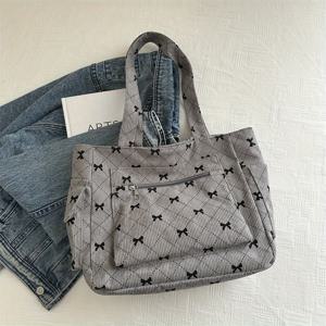 TEMU 코듀로이 토트백 - 블랙 보우 장식, 스타일리시한 여성용 대용량 가방, 지퍼 클로저 & 고정 스트랩, 그레이/핑크, 쇼핑, 출근, 학교용 다용도 가방