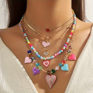 TEMU 1세트 5개입 빈티지 패션 니치 디자인 하이엔드 인스타일 Y2K 스위트-쿨 컬러풀 하트 모양 펜던트 목걸이, 쌀알 비즈와 멀티 레이어 스택 가능한 여성용 주얼리, 스타일리시 스웨터 체인 DIY 의류 액세서리, 모든 행사에 적합, 데이 선물
