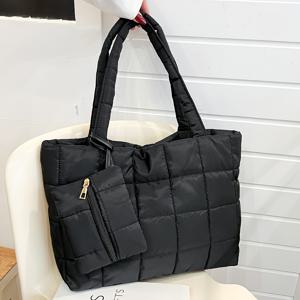 TEMU 솔리드 컬러 패딩 캔버스 대용량 엄마 가방, 간편한 사각 자수 디자인, 스타일리시하고 캐주얼한, 여성용 경량 통근 토트백