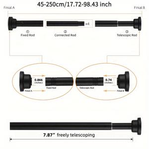 TEMU LOMILD - 1개 조절 가능한 블랙 샤워 커튼 로드, 45-250cm/17.72in-98.43in, 드릴링 필요 없음, 스테인리스 스틸 재질, 쉬운 설치, 욕실, 창문, RV, 거실, 침실에 적합 - 커튼, 옷장 등에 사용되는 텐션 로드