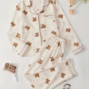 TEMU 여성용 긴소매 상의 & 바지 캐주얼 파자마 세트 2개, 가을 루즈핏 곰 프린트 홈웨어 수트, 실내 및 실외용
