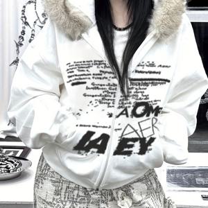 TEMU 빈티지 하이스트리트 캐주얼 지퍼형 안감 재킷, 재치 있는 레터 프린트, 대비되는 색상, 와이드 칼라, 가을/겨울 스트리트웨어용 루즈핏 후드 가디건