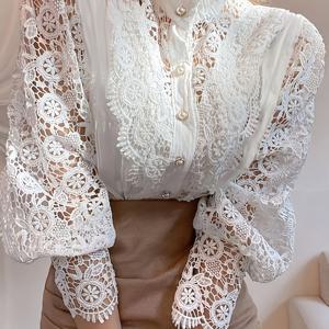 TEMU 유럽&미국 여성용 레이스 셔츠, 데일리 우아한 패션 스탠드 칼라 버튼 블라우스