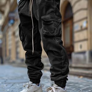 TEMU 남성용 코듀로이 카고 바지, 드로스트링 허리, 테이퍼드 레그, 단색, 편안하고 통기성 좋음, 캐주얼 웨어, 휴일에 적합, 스타일리시한 카키 디자인의 순면 소재.