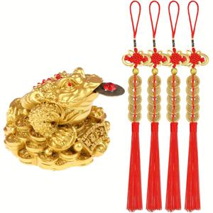 TEMU 풍수 돈개구리 4개의 중국 동전과 행운의 매듭이 있는 빨간 축복 가방, 금색 삼족토끼 장식, 부와 성공을 끌어들이는 중국 설날 선물