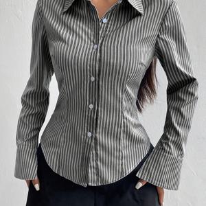 TEMU 주멜링 여성용 우아한 수직 줄무늬 긴팔 셔츠 - 클래식 칼라 버튼업 블라우스, 봄/여름용 통기성 논스트레치 원단, 사무실 및 캐주얼 착용, 맞춤형 핏 셔츠 | 버튼업 셔츠 | 레이디스 블라우스