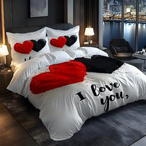 TEMU Jit2/3pcs 커플 하트 디자인 테마, 3D 초극세사 브러시 디지털 프린트 이불 커버 세트, 부드럽고 편안하며 충전재 불필요, 침실, 호텔, 유명 호텔 및 학교 기숙사에 적합 (이불 커버 1개 + 베갯잇 1/2개)