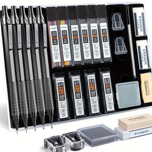 TEMU STASGEEK 21개 금속 제도 연필 세트, 아트 연필심 0.3, 0.5, 0.7, 0.9, 2mm 연필심 홀더(HB 2H 2B 4B 색상) 10개 튜브 석유 연필심 리필 지우개 케이스 포함 (초안 드로잉 스케치용) (블랙 앤 실버)