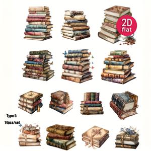 TEMU 2D 평면 빈티지 북 저널 스티커 1팩, 창의적인 오래된 책 수제 스티커 DIY 스크랩북 다이어리 포토 앨범 학교 공예 재료 스티커 장식, 2D 평면