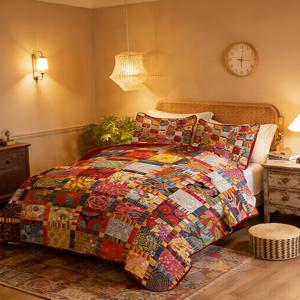 TEMU 퀼트 세트 - 트윈/풀/퀸/킹 사이즈, 100% 폴리에스터, 가벼우면서 부드럽고, 기계 세척 가능, 디지털 프린트, 1개 퀼트 + 1/2개 베개커버, 채워지지 않은, 올 시즌 침대 커버렛